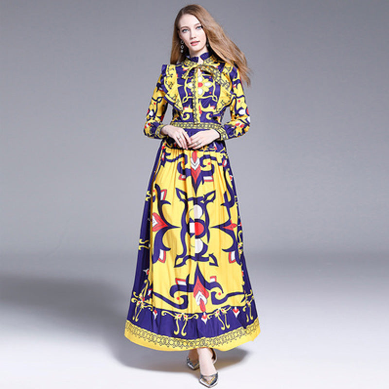 Baroque Medallion Pleated Maxi Dress