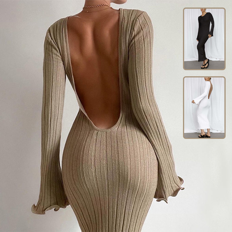 Onyx Ribbed Ruffle Backless Maxi Dress
