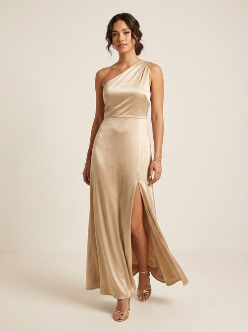 Champagne One-Shoulder Slit Maxi Dress