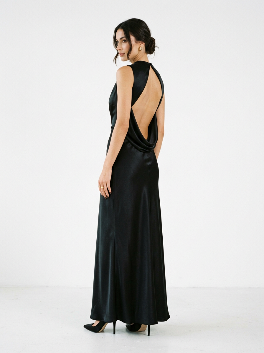 Noir Satin Backless Slip Maxi Dress
