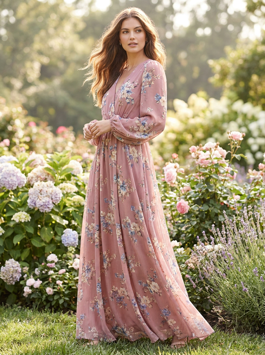 Blossom Long-Sleeve Chiffon Maxi Dress alternate